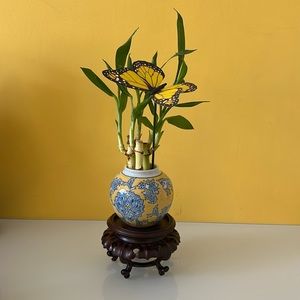 Vintage Chinese Small Porcelain Ceramic Flower Bamboo Vase Planter Urn Jar Pot